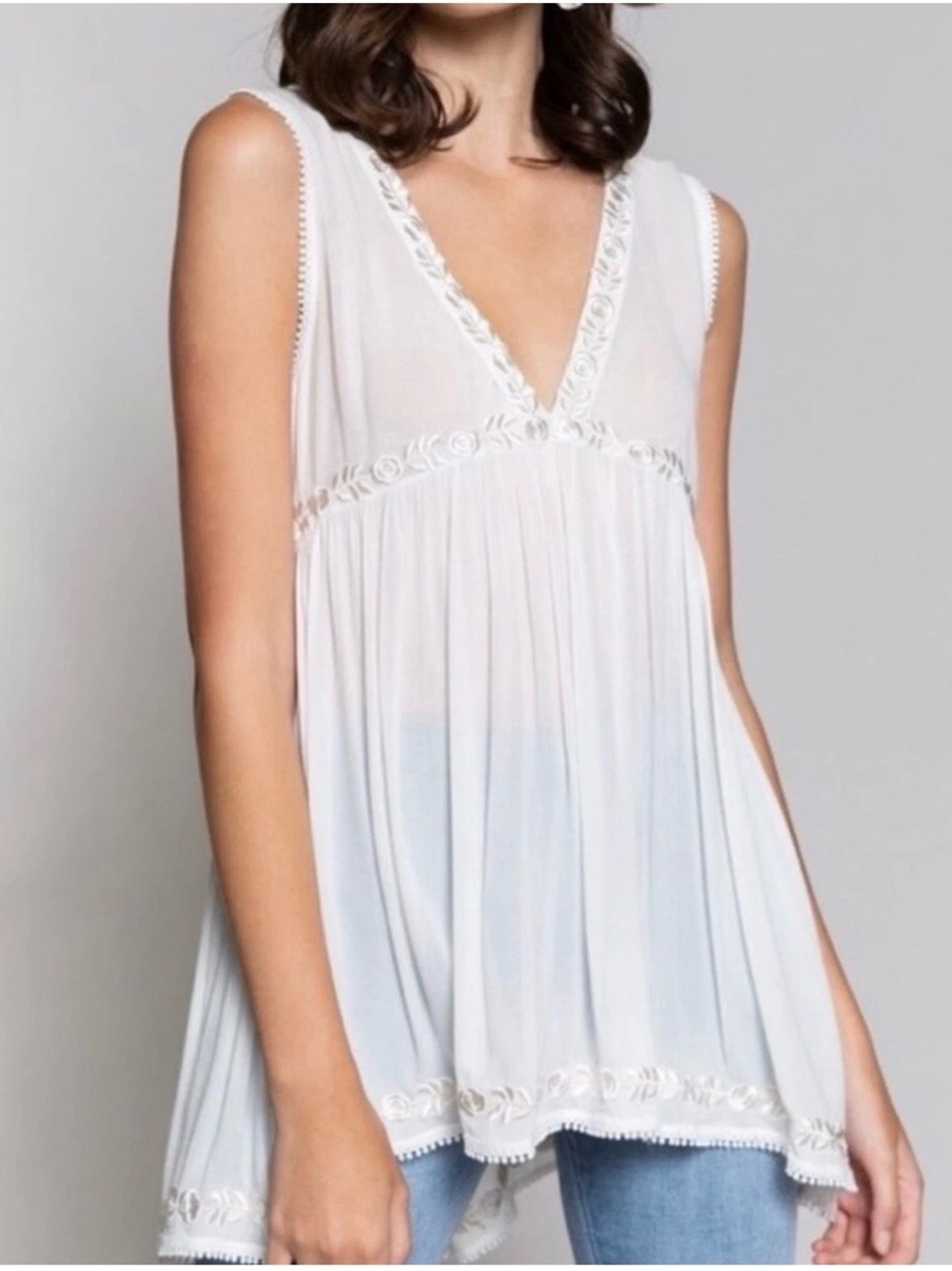 POL White Sheer V-Neck Lace-Trim Babydoll Chemise